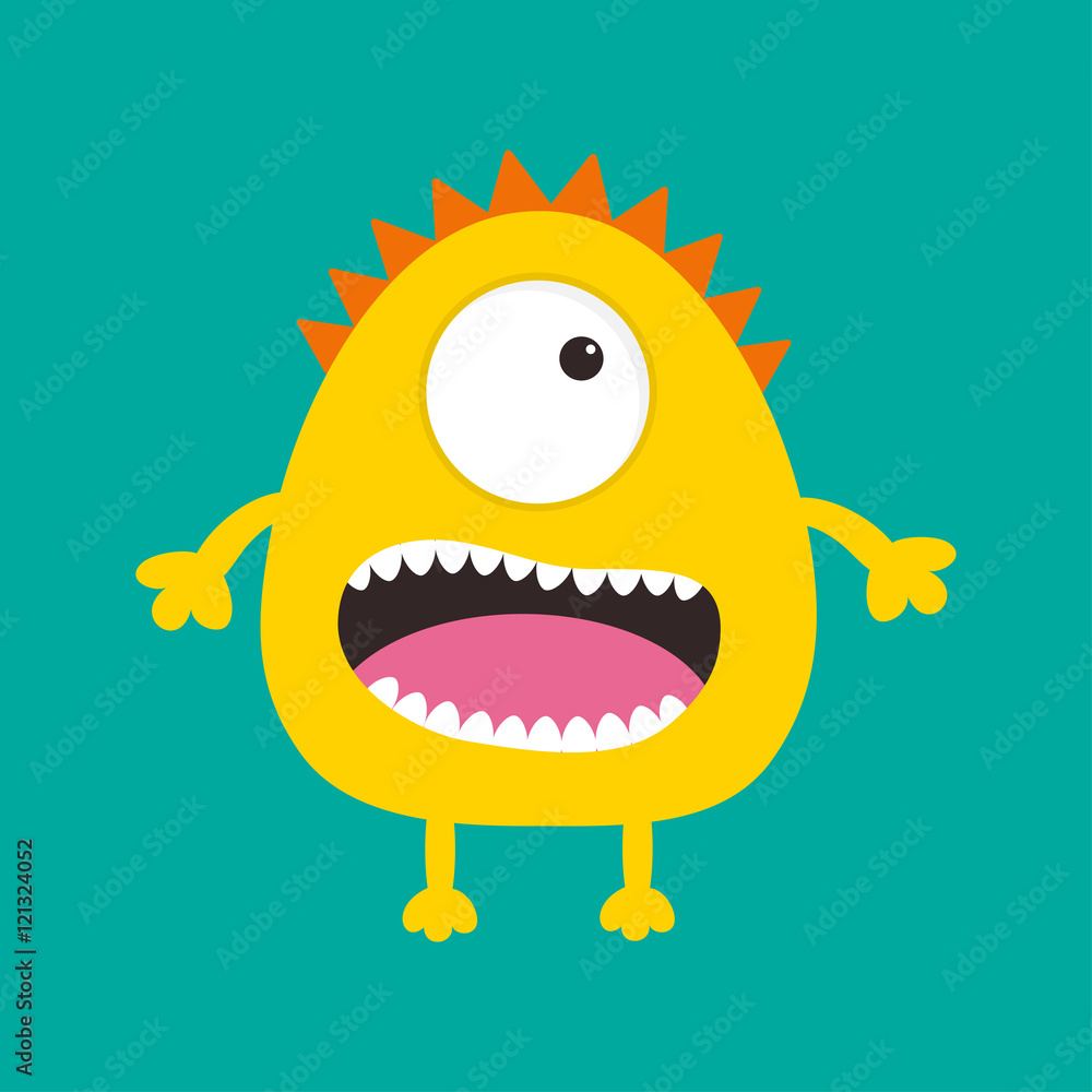 Yellow monster with one eye, teeth, tongue. Funny Cute cartoon character.  Baby collection. Isolated. Happy Halloween card. Flat design. Green  background. Stock Vector | Adobe Stock