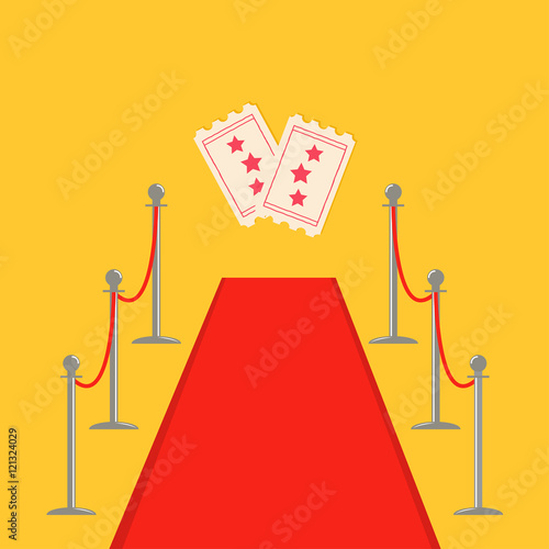 Red carpet and rope barrier golden stanchions turnstile Movie premiere two ticket set with stars. Isolated template Yellow background. Flat design
