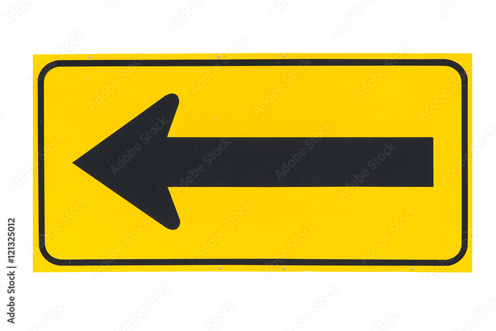 Yellow arrow road sign by the left side isolated on white backgr Stock