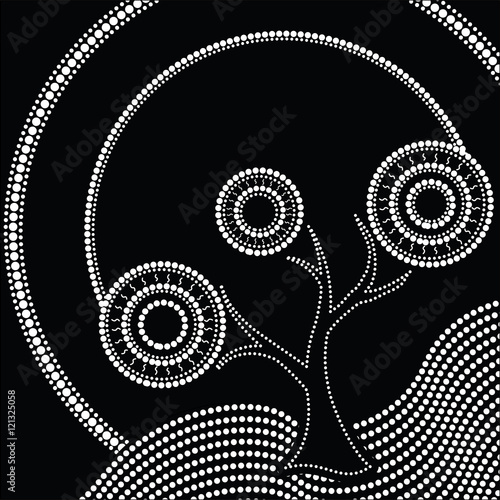 Aboriginal Tree Illustration. Black and White Painting 