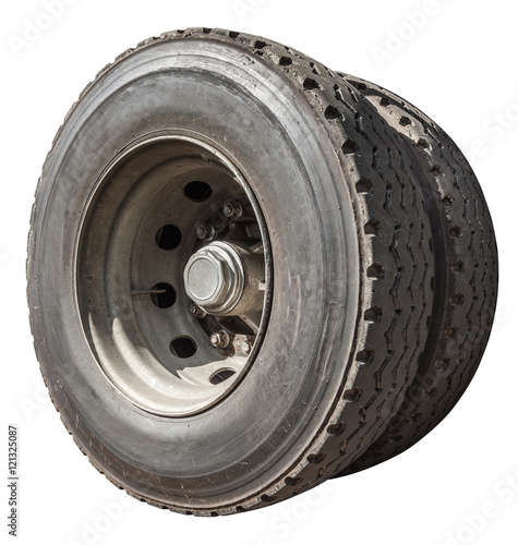 Double construction vehicle truck wheel side perspective angled isolated