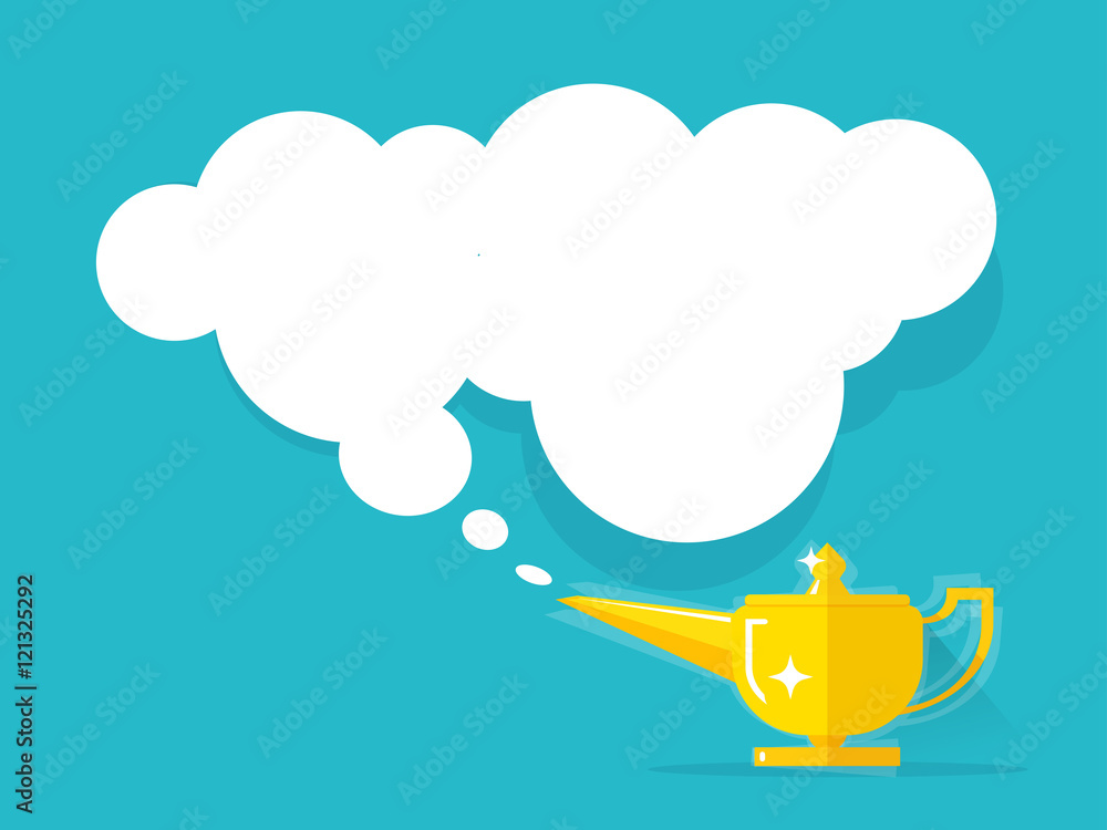Aladdin lamp with Jean cloud vector illustration isolated on colorful  background, old golden Genie magic lamp with wish smoke flat cartoon style  Stock Vector | Adobe Stock