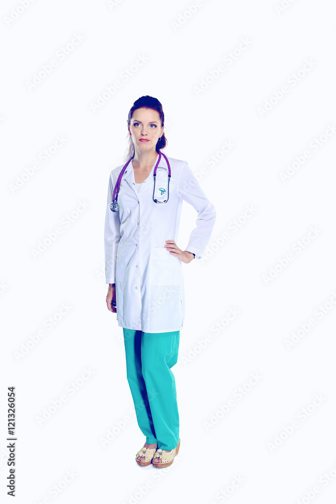 Portrait of young woman doctor with white coat standing in hospital Portrait of young woman doctor with white coat standing in hospital