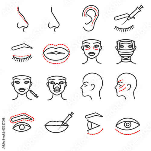 Cosmetic plastic face surgery vector thin line icons set