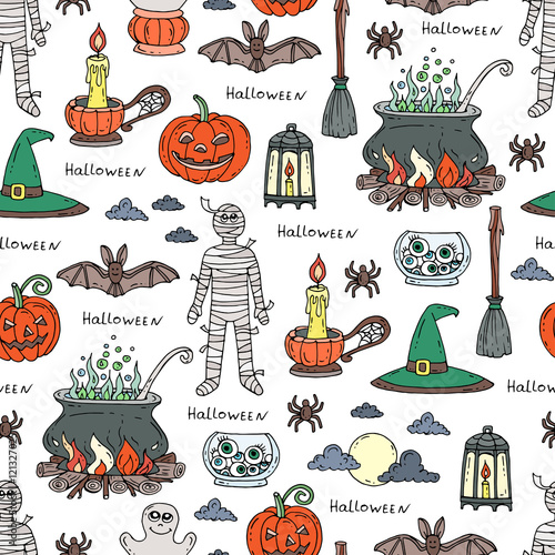 Vector seamless hand drawn pattern on the theme of Halloween