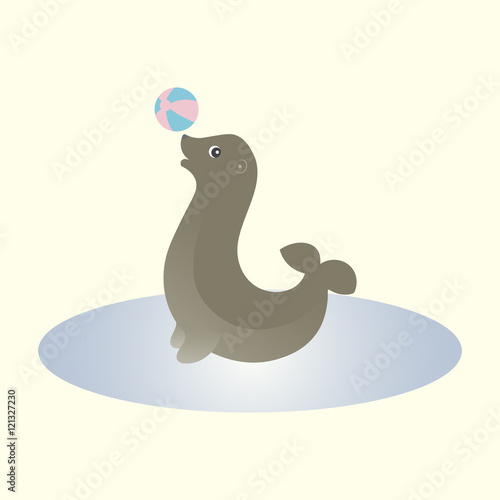Happy seal with a colored ball. Vector