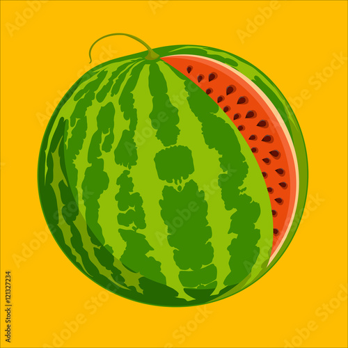 Ripe juicy watermelon on a yellow background. Vector illustration