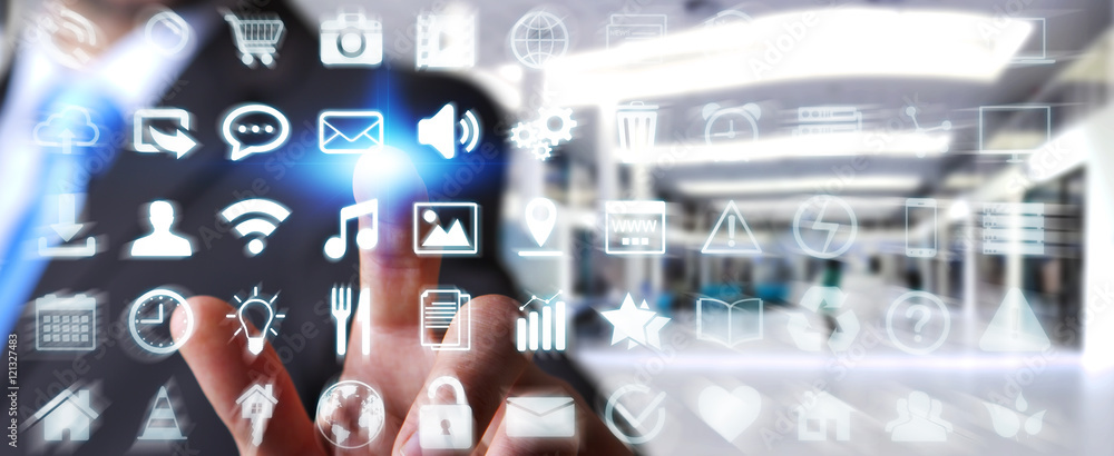 Businessman using digital tactile screen interface with web icon Businessman using digital tactile screen interface with web icon
