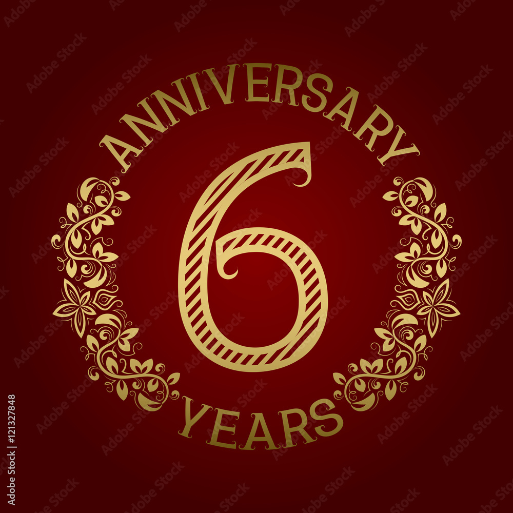 Golden emblem of sixth anniversary. Celebration patterned sign on red. Golden emblem of sixth anniversary. Celebration patterned sign on red.