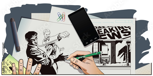 People in retro style. Fight of two men.