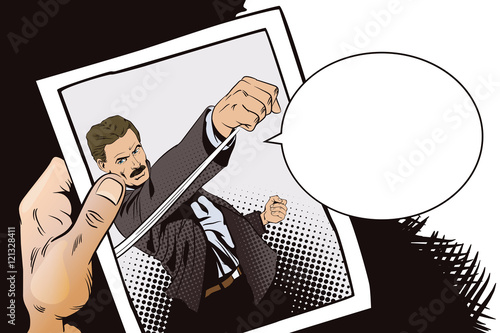 People in retro style. Man beats his fist.