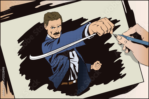 People in retro style. Man beats his fist.