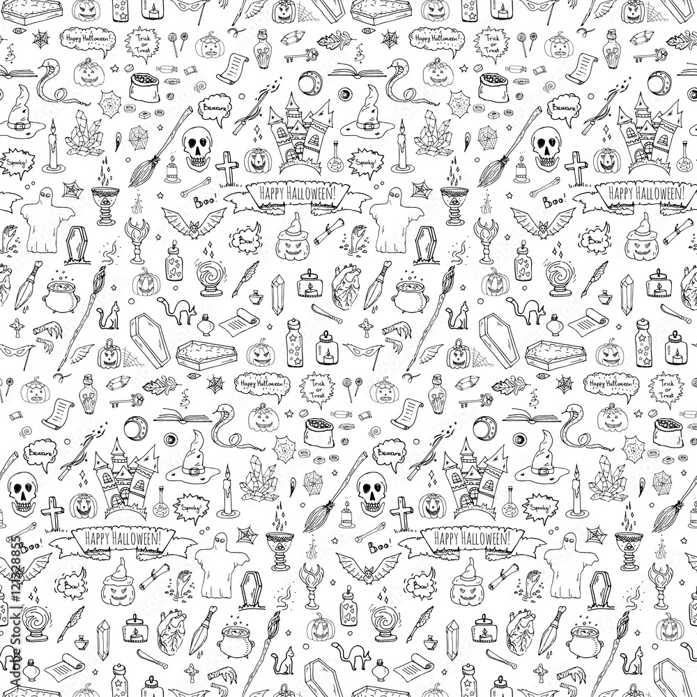 Seamless pattern hand drawn doodle Happy Halloween icons set. Vector illustration. Holiday symbols collection. Cartoon various sketch elements: pumpkin, ghost, bat, candy witches cauldron, zombie hand