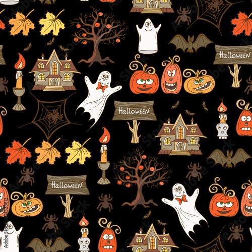 Vector seamless hand drawn  pattern with isolated Halloween symbols on black color