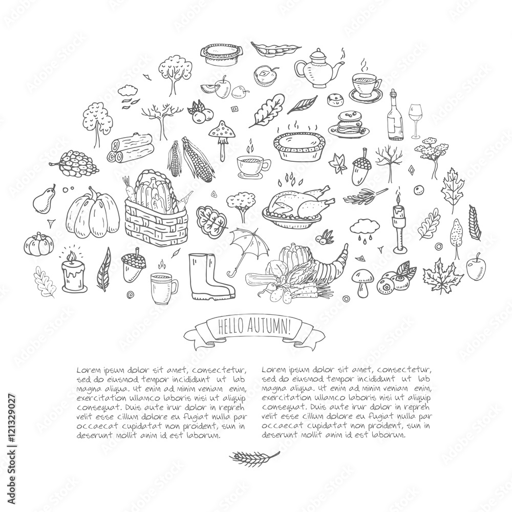 Hand drawn doodle Autumn icons set. Vector illustration. Fall symbols collection. Cartoon various seasonal elements: turkey, harvest, vegetables, pumpkin pie, leaves, trees, hot tea, wine, mushrooms Hand drawn doodle Autumn icons set. Vector illustration. Fall symbols collection. Cartoon various seasonal elements: turkey, harvest, vegetables, pumpkin pie, leaves, trees, hot tea, wine, mushrooms