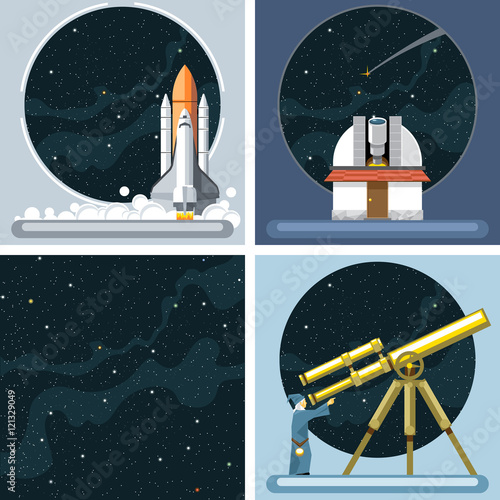 Digital vector silver cosmos rocket icons set with launch, ancient observatory, commet, antenna and empty space over stelar background, flat style.