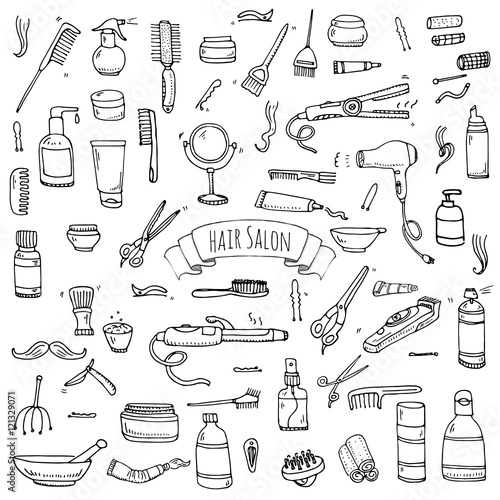 Hand drawn doodle Hair salon icons set. Vector illustration. Barber symbols collection. Cartoon hairdressing equipment elements: shampoo, mask, hair die, scissors, iron, curlers, dryer, razor.