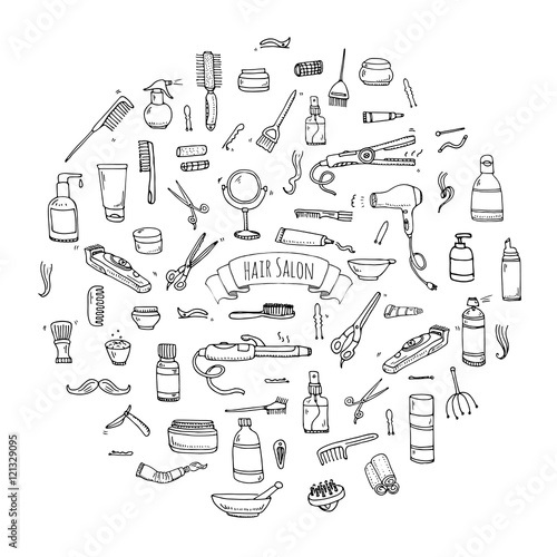Hand drawn doodle Hair salon icons set. Vector illustration. Barber symbols collection. Cartoon hairdressing equipment elements: shampoo, mask, hair die, scissors, iron, curlers, dryer, razor.