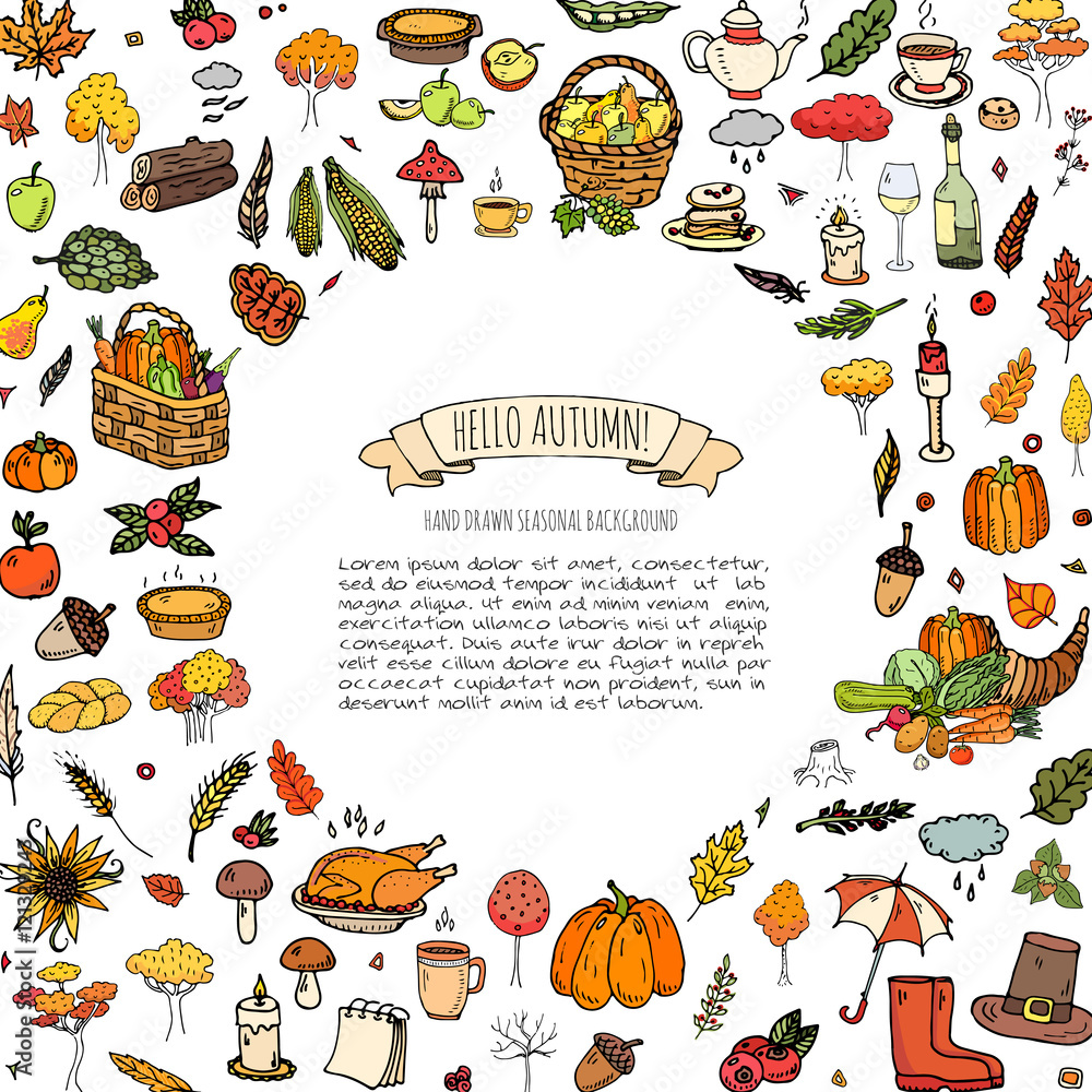 Hand drawn doodle Autumn icons set. Vector illustration. Fall symbols collection. Cartoon various seasonal elements: turkey, harvest, vegetables, pumpkin pie, leaves, trees, hot tea, wine, mushrooms