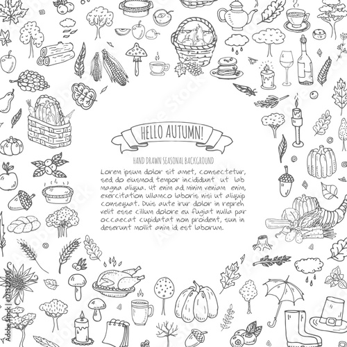 Hand drawn doodle Autumn icons set. Vector illustration. Fall symbols collection. Cartoon various seasonal elements: turkey, harvest, vegetables, pumpkin pie, leaves, trees, hot tea, wine, mushrooms