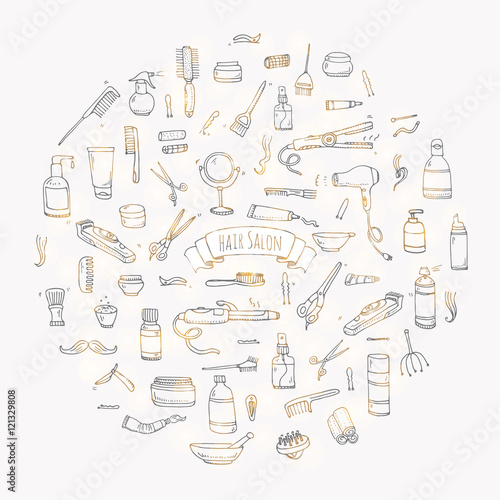 Hand drawn doodle Hair salon icons set. Vector illustration. Barber symbols collection. Cartoon hairdressing equipment elements: shampoo, mask, hair die, scissors, iron, curlers, dryer, razor.