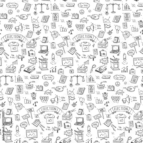 Seamless pattern hand drawn doodle Vote icons set. Vector illustration. Election symbols collection. Cartoon various voting elements: hand putting paper in the ballot box, speaker, scale, calendar