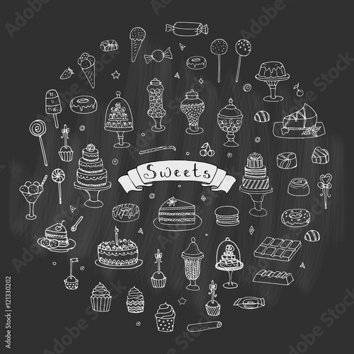 Hand drawn doodle Sweets set. Vector illustration. Sketchy Sweet food icons collection. Isolated desert symbols: Cupcake, Macarons, Chocolate bar, Candy, Cake, Pie, Pastry, Lollipop, Pastry.