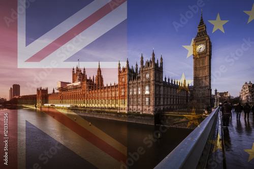 United Kingdom and European Union flags over the Houses of Parliament and Big Ben in London, England