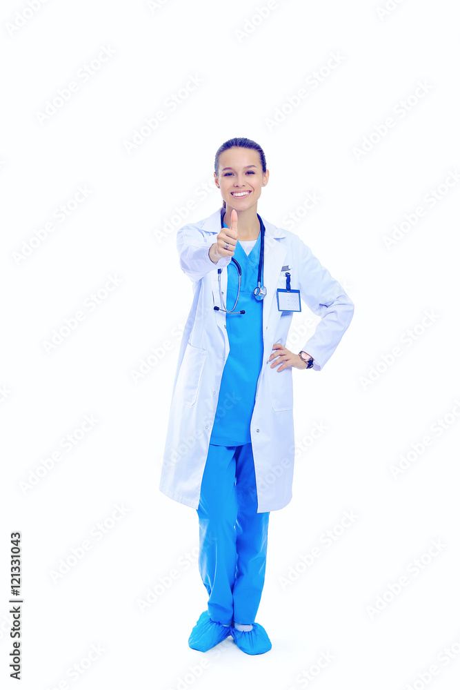 A female doctor showing ok, isolated on white background
