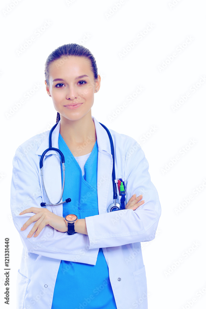Woman doctor with stethoscope standing with arms crossed isolated on a white background Woman doctor with stethoscope standing with arms crossed isolated on a white background