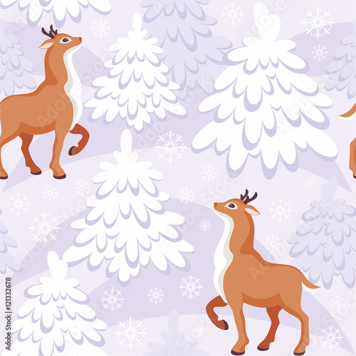 Christmas seamless pattern with the image of a fairy-tale winter forest and fawns