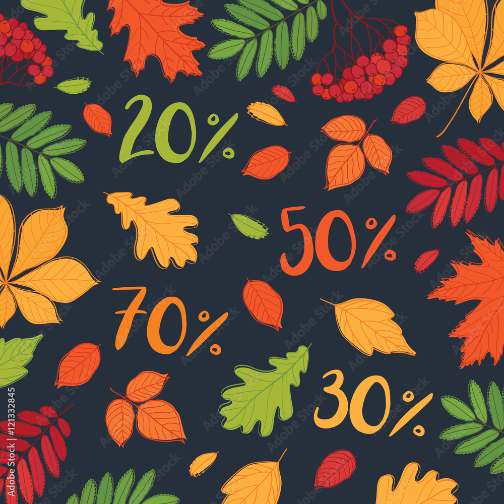 Autumn sale. Up to 30%, 50%, 70% off. Fall of the leaves. Vector.
