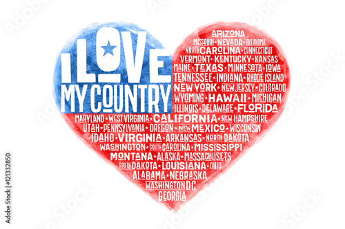 Poster of watercolor heart shape United State of America flag with states and text I love my Country. I Love USA red and blue isolated heart symbol on white background. Vector Illustration
