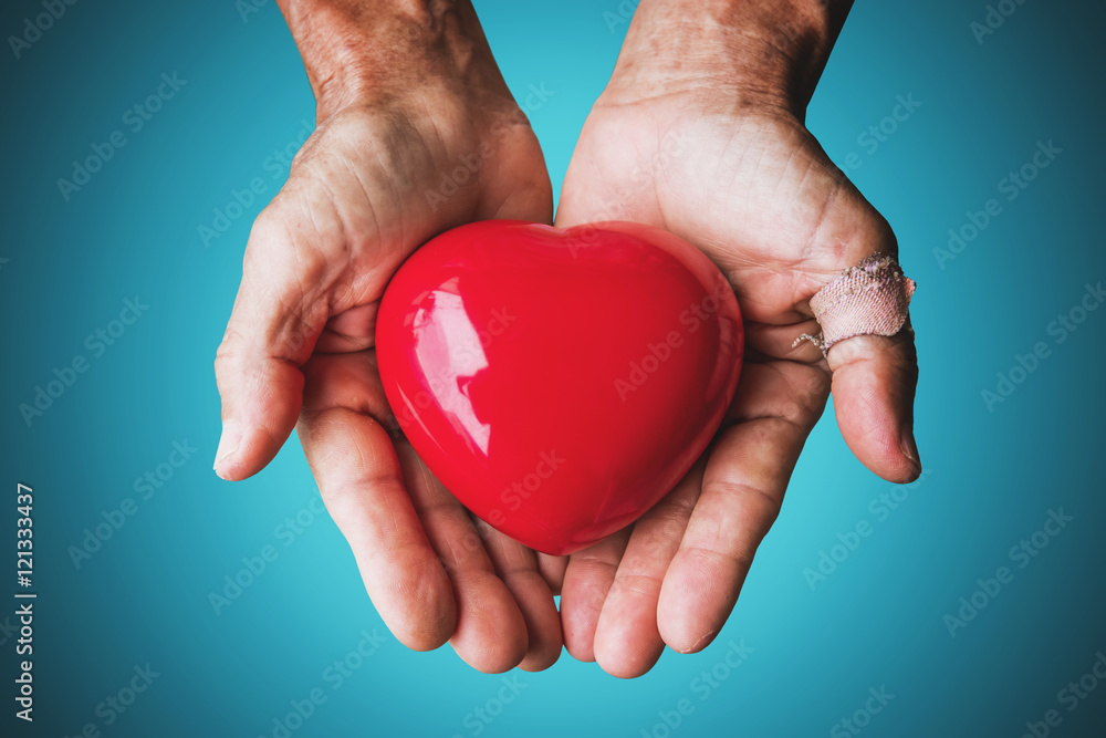 Elderly hand with wound carrying red heart Elderly hand with wound carrying red heart