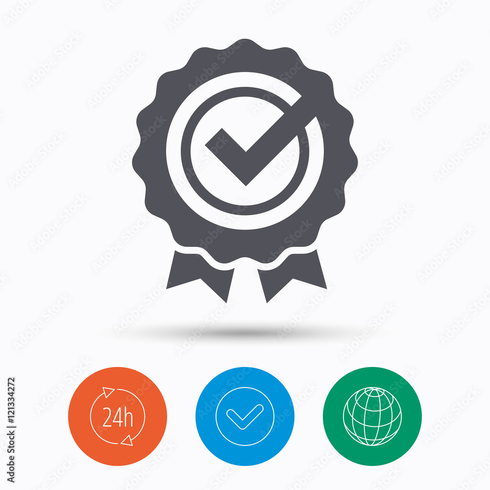 Award medal icon. Winner emblem with tick sign. Award medal icon. Winner emblem with tick sign.
