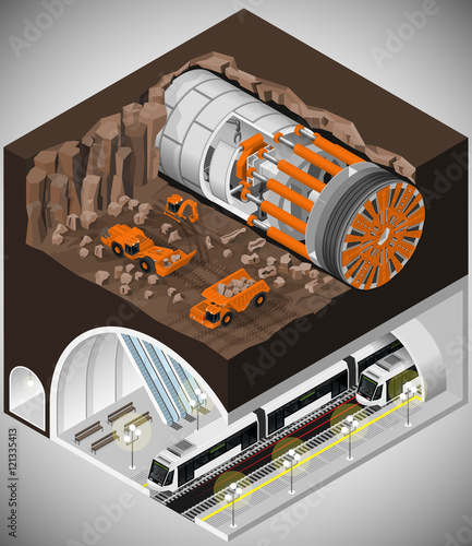 Vector isometric illustration of tunnel boring machine at the construction of a new metro line. Tunnel shields and equipment.