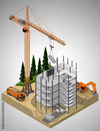 Vector isometric illustration of the construction site and technique involved in the construction. Tower crane, truck and crawler excavator.