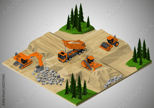 Vector isometric illustration of road construction and machinery involved. Dump truck, bulldozer, road roller and crawler excavator.