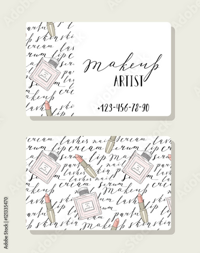 Business card for makeup artist with pattern words about beauty, cosmetics.
