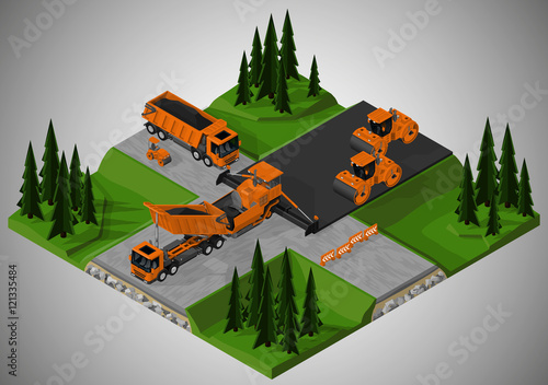 Vector isometric illustration of road construction and machinery involved. Dump truck, road rollers and asphalt paver.