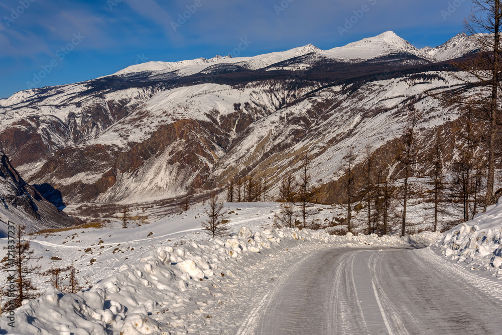 mountain road snow winter valley