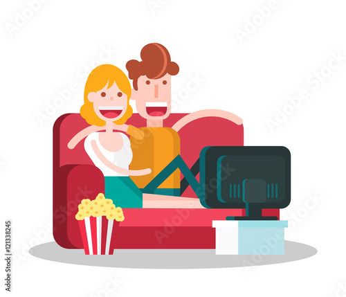 Couple in Love Watching TV with Popcorn on a Couch. Isolated Flat Vector Illustration.