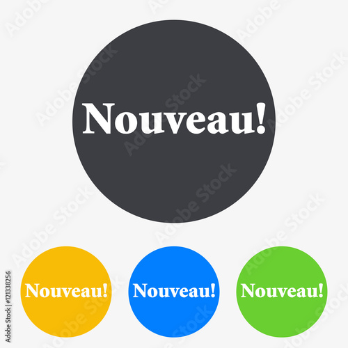 Icono plano texto Nouveau! en circulo varios colores