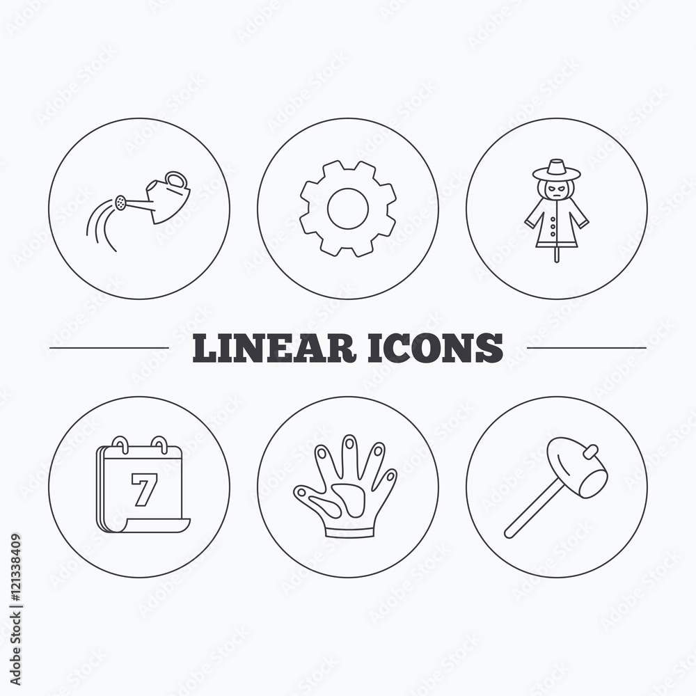 Hammer, scarecrow and watering can icons.