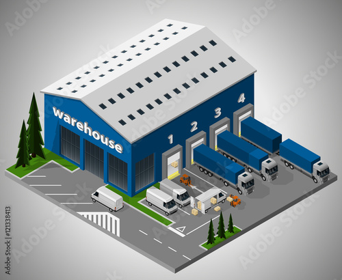 Vector isometric illustration of exterior of warehouse and unloading of delivery vehicles. Equipment for cargo delivery.