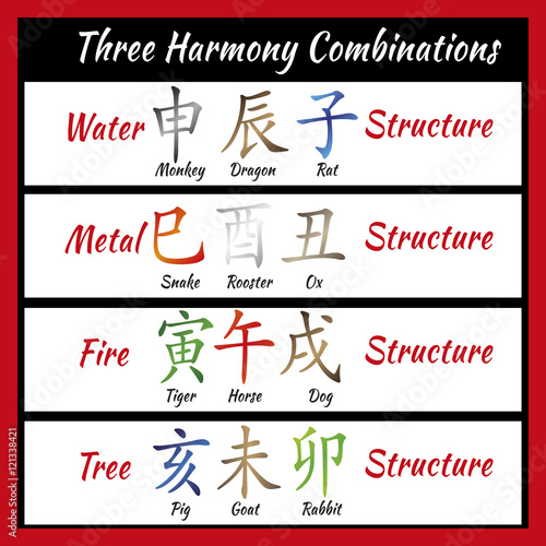 Chinese feng shui horoscope letters. Ba zi Combinations. Translation of 12 zodiac animals, feng shui signs hieroglyph- Rat, Ox, Tiger, Rabbit, Dragon, Snake, Horse, Goat, Monkey, Rooster, Dog, Pig