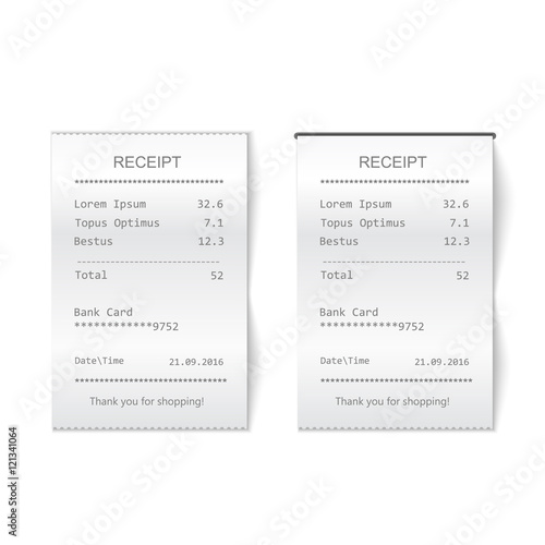 Vector sales printed receipt. Bill atm template, cafe or restaurant paper financial check Realistic vector illustration