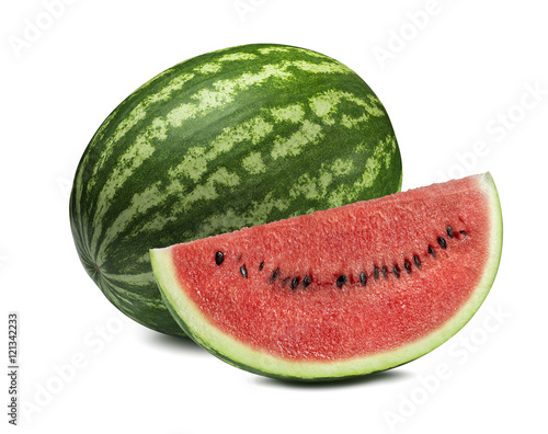 Whole watermelon and big slice isolated on white background