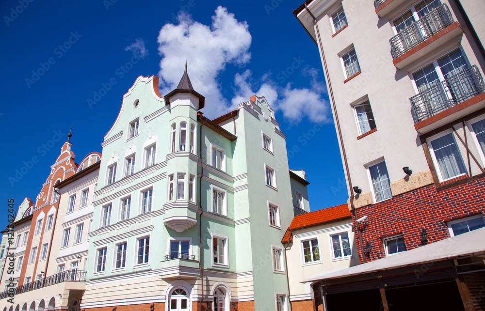 Obraz premium Part of buildings in the Rybnaya derevnya. Kaliningrad, Russia.