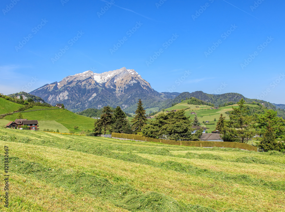 Springtime view in the Swiss canton of Nidwalden with Mt. Pilatus in the background